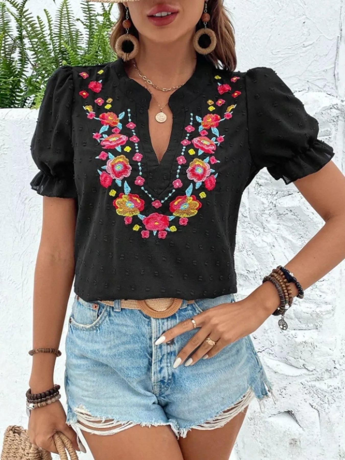 Floral Embroidered Puff Sleeve Blouse 
