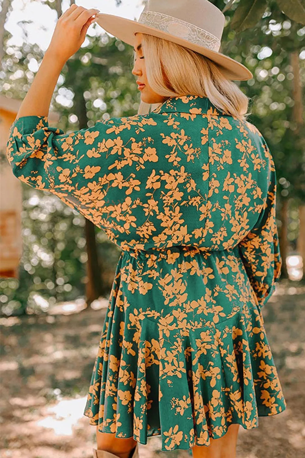 Printed Ruffled Hem Button Front Dress 