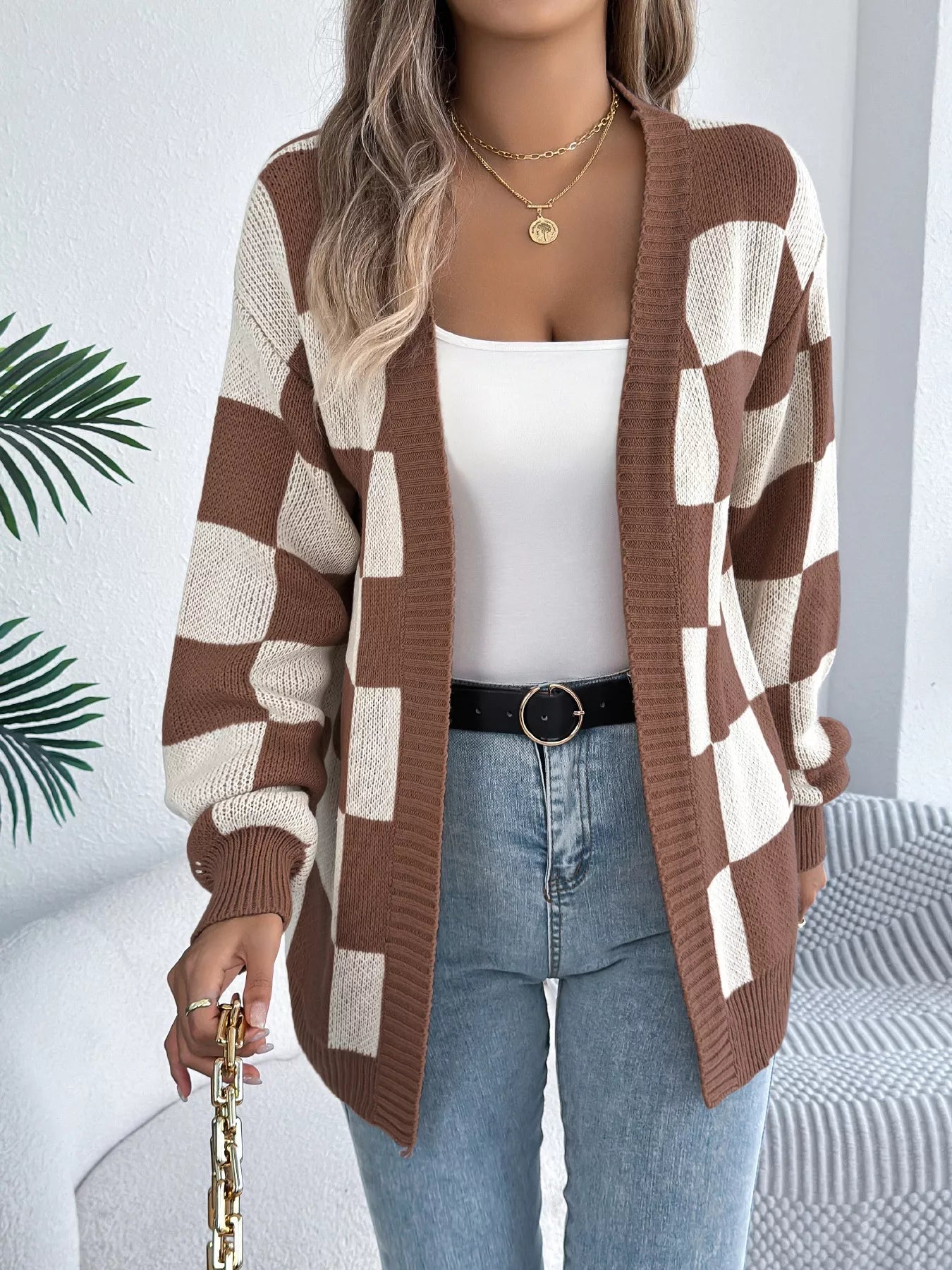 Checkered Pattern Open Front Cardigan 