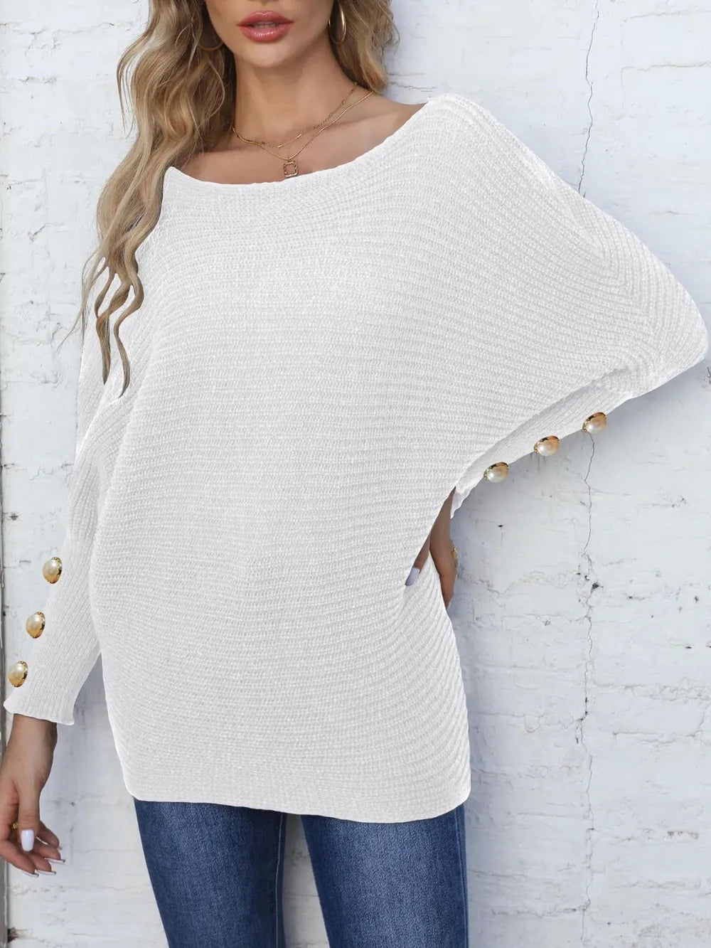 Full Size Boat Neck Long Sleeve Sweater 