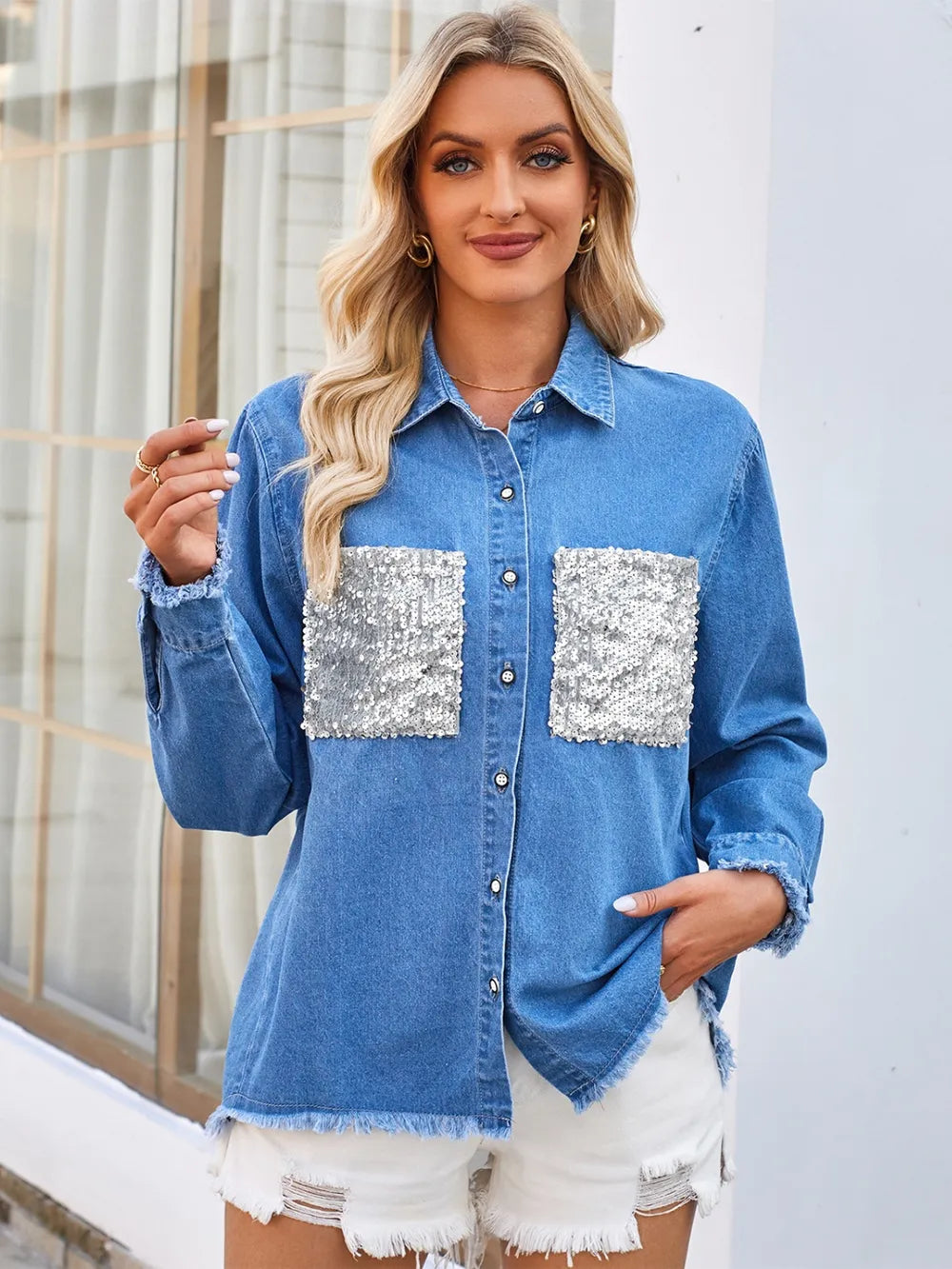 Raw Hem Button Up Long Sleeve Denim Jacket with Sequin Pockets 