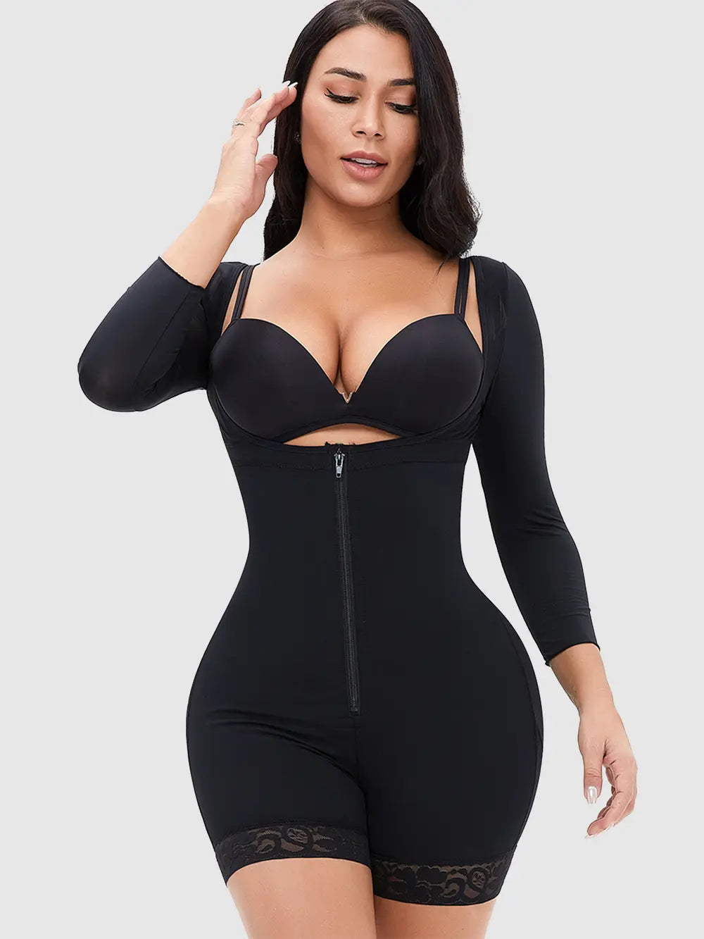 Full Size Zip Up Lace Detail Long Sleeve Shapewear 
