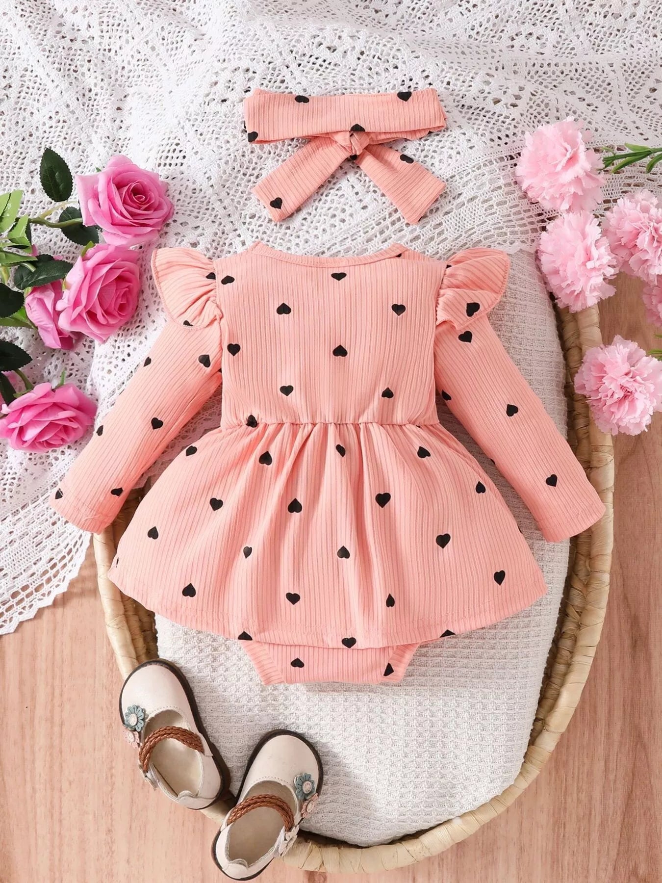 Children's Heart Print Ruffle Trim Bodysuit Dress with Headband 