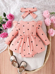 Children's Heart Print Ruffle Trim Bodysuit Dress with Headband 
