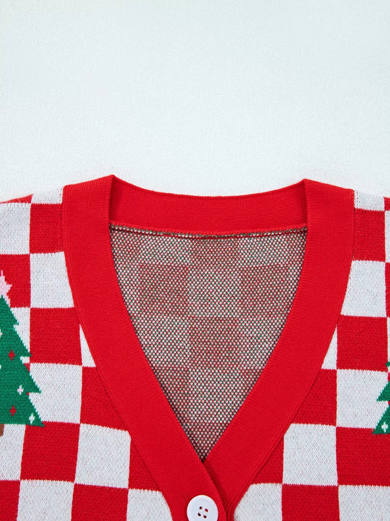 Christmas Tree Pattern Checkered Button V Neck Cardigan 