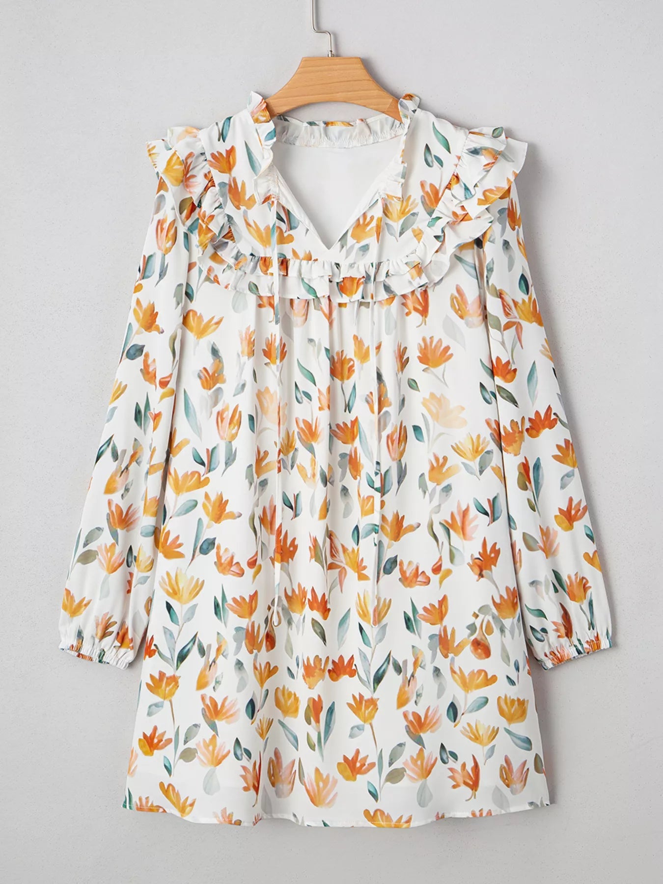 Floral Print Tie Neck Frilled Detail Long Sleeve Mini Dress 