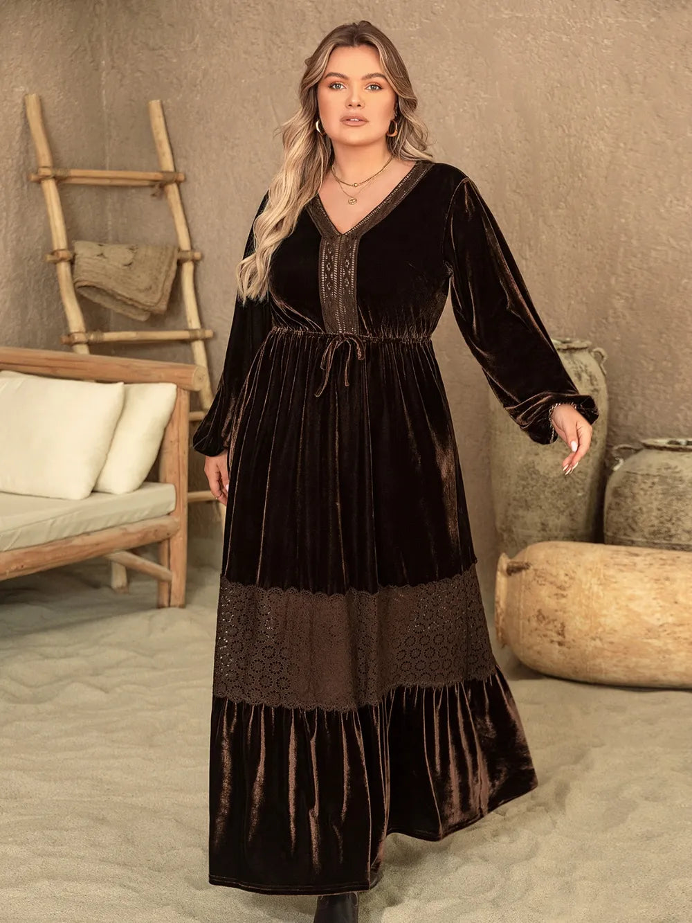 Plus Size V-Neck Balloon Sleeve Maxi Dress 