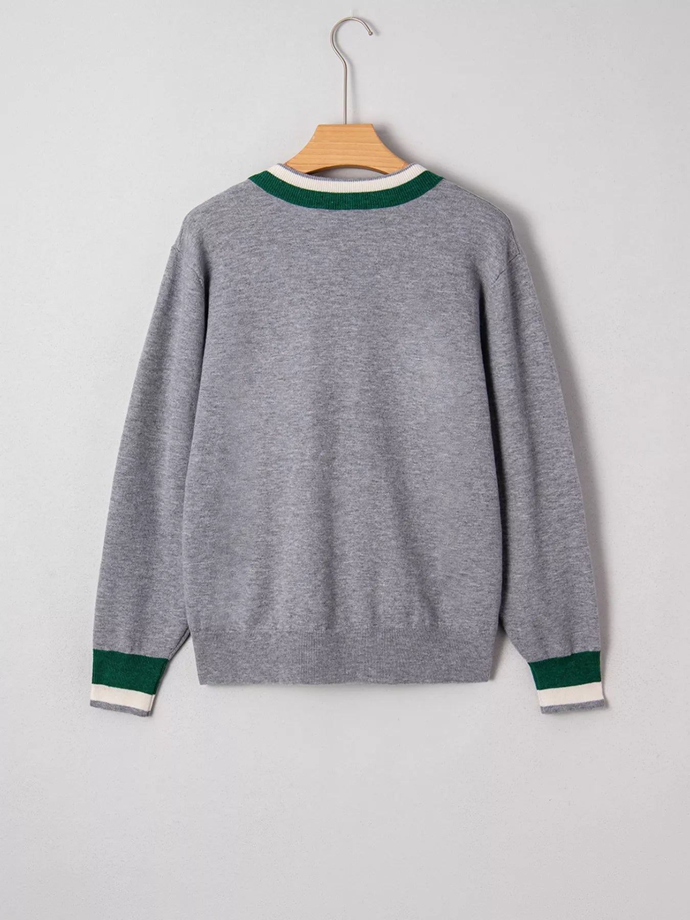 Contrast Striped Trim V Neck Varsity Sweater 
