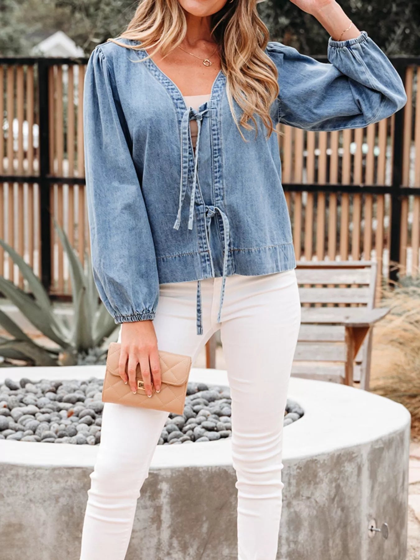 Tied Front Puff Sleeve Denim Top 