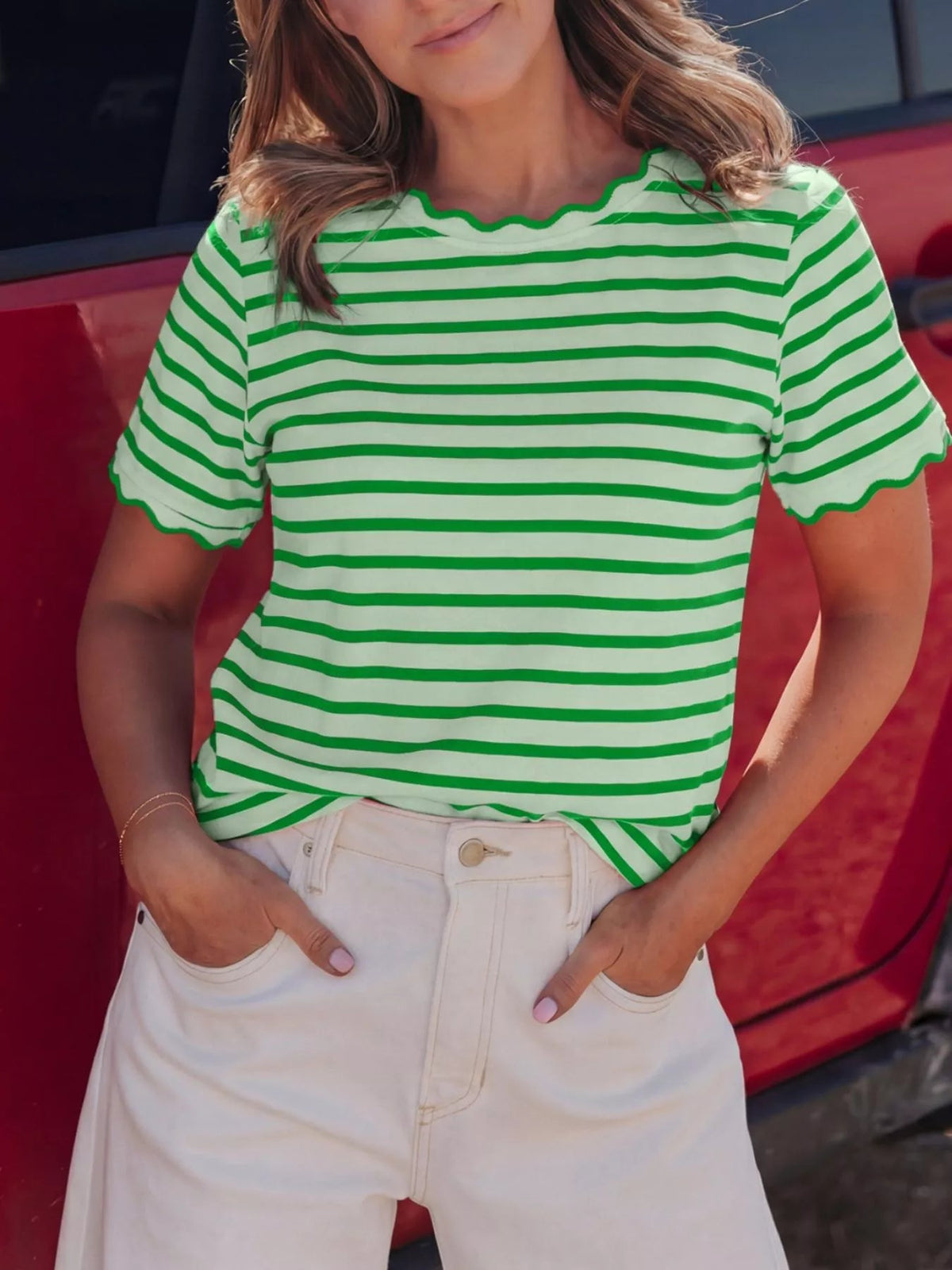 Striped Scallop-Trimmed Round Neck T-Shirt 