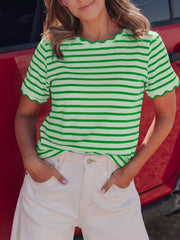 Striped Scallop-Trimmed Round Neck T-Shirt 