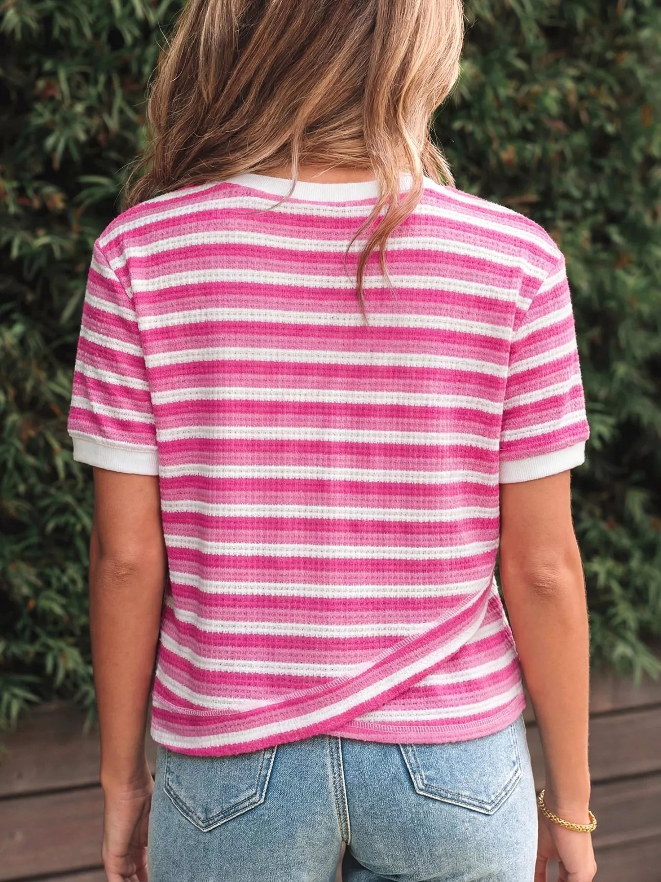 Textured Knit Short Sleeve Crossed Detail Tee 