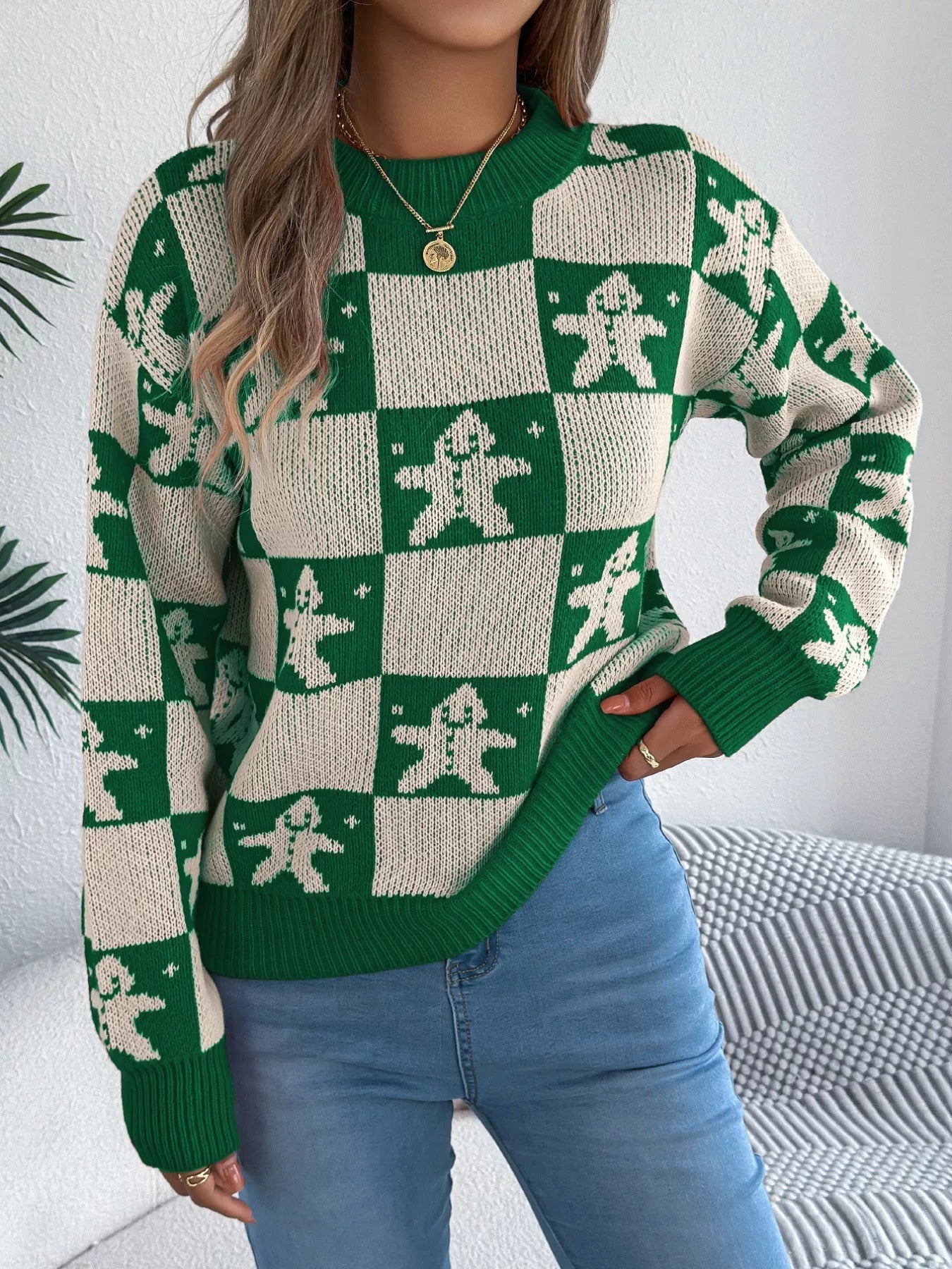 Christmas Checkerboard Gingerbread Round Neck Sweater 