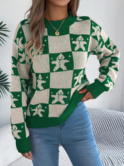 Christmas Checkerboard Gingerbread Round Neck Sweater 