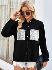 Raw Hem Button Up Long Sleeve Denim Jacket with Sequin Pockets 