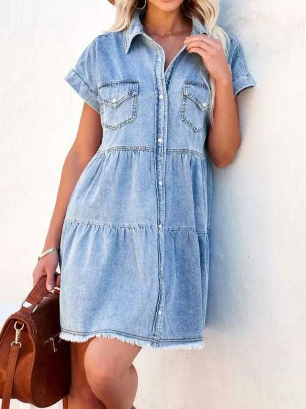 Raw Hem Short Sleeve Denim Dress 
