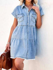 Raw Hem Short Sleeve Denim Dress 