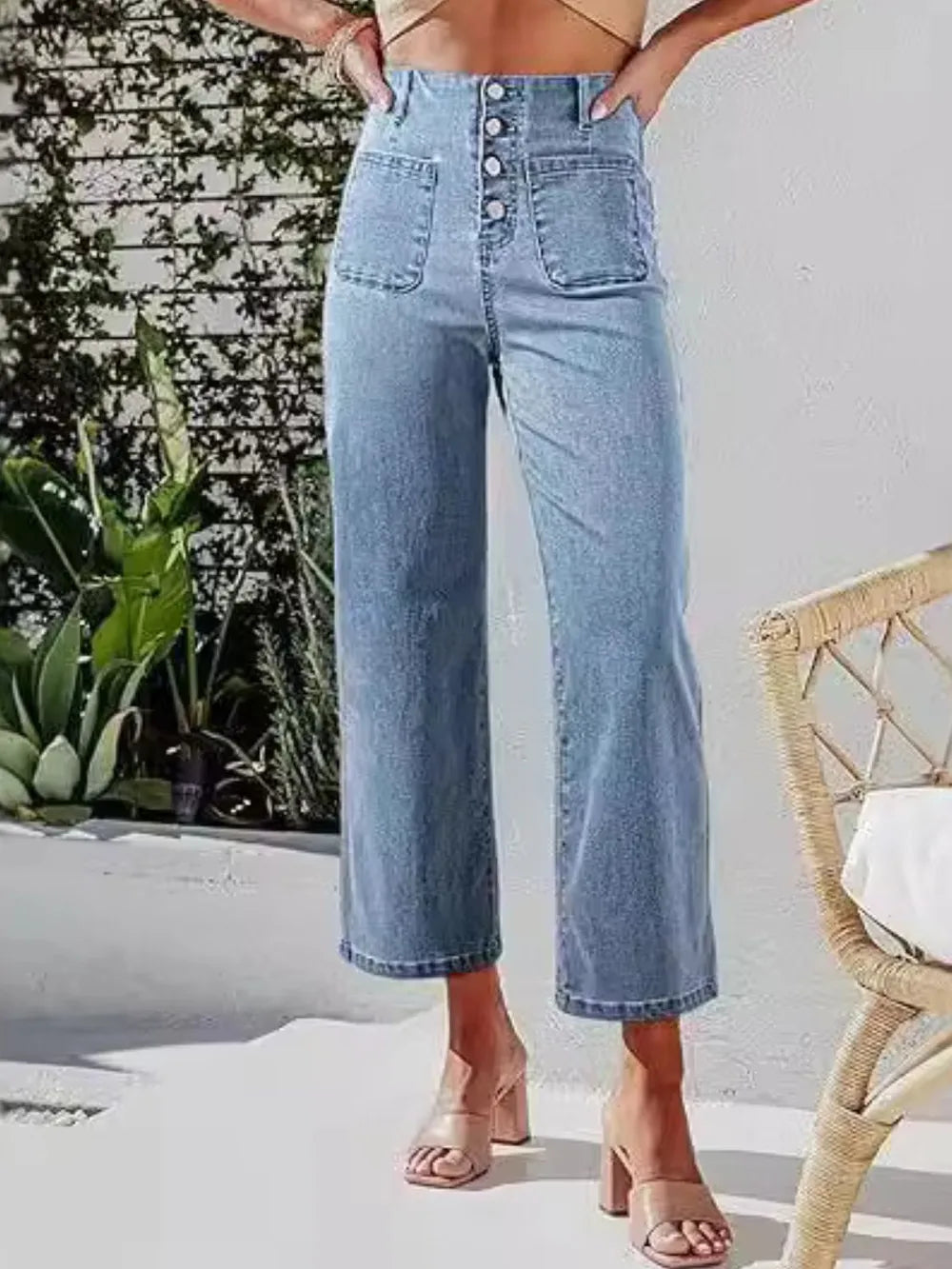 Button Fly Cropped Jeans with Pockets 