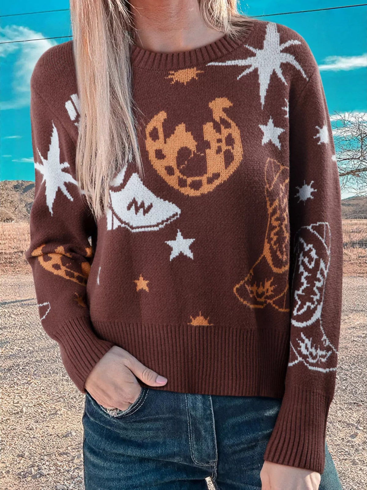 Cowgirl Round Neck Casual Sweater 
