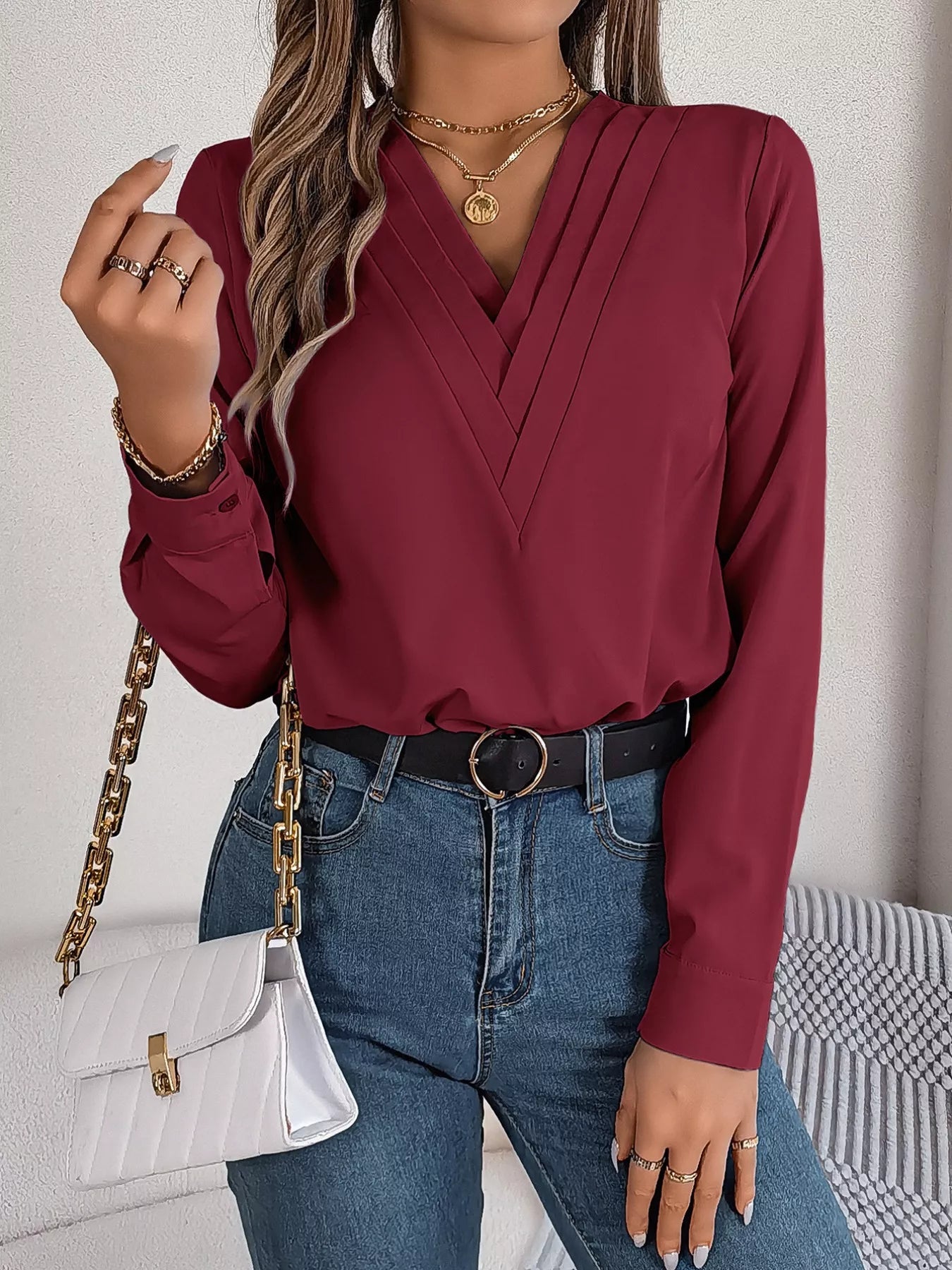 Layered V-Neck Long Sleeve Blouse 