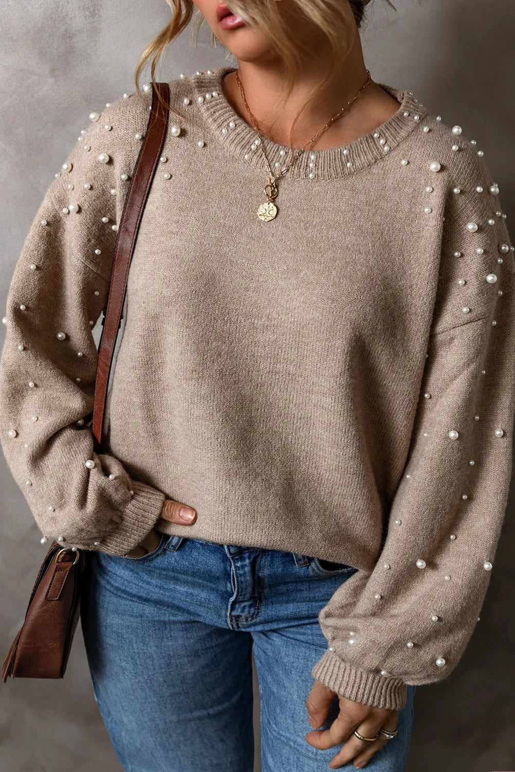 Plus Size Pearl Detail Round Neck Long Sleeve Sweater 