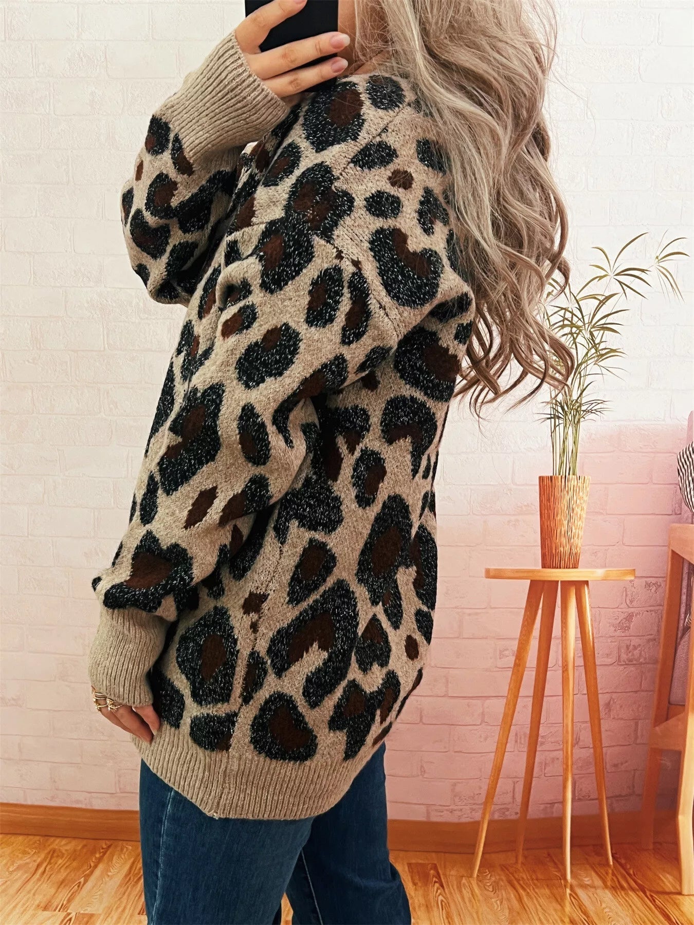 Leopard V-Neck Drop Shoulder Sweater 