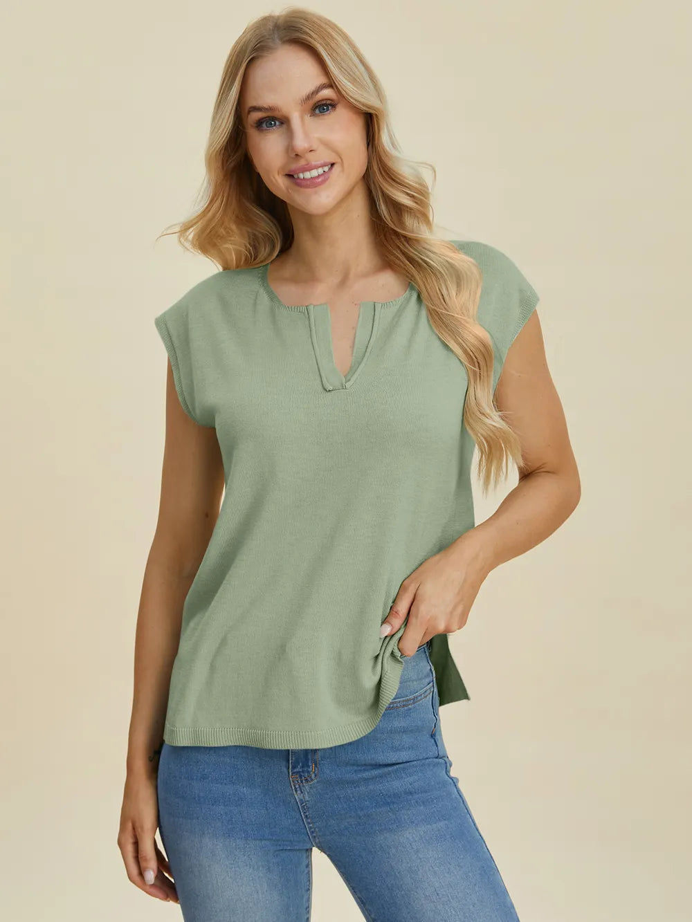 Double Take Full Size Notched Cap Sleeve Knit Top 
