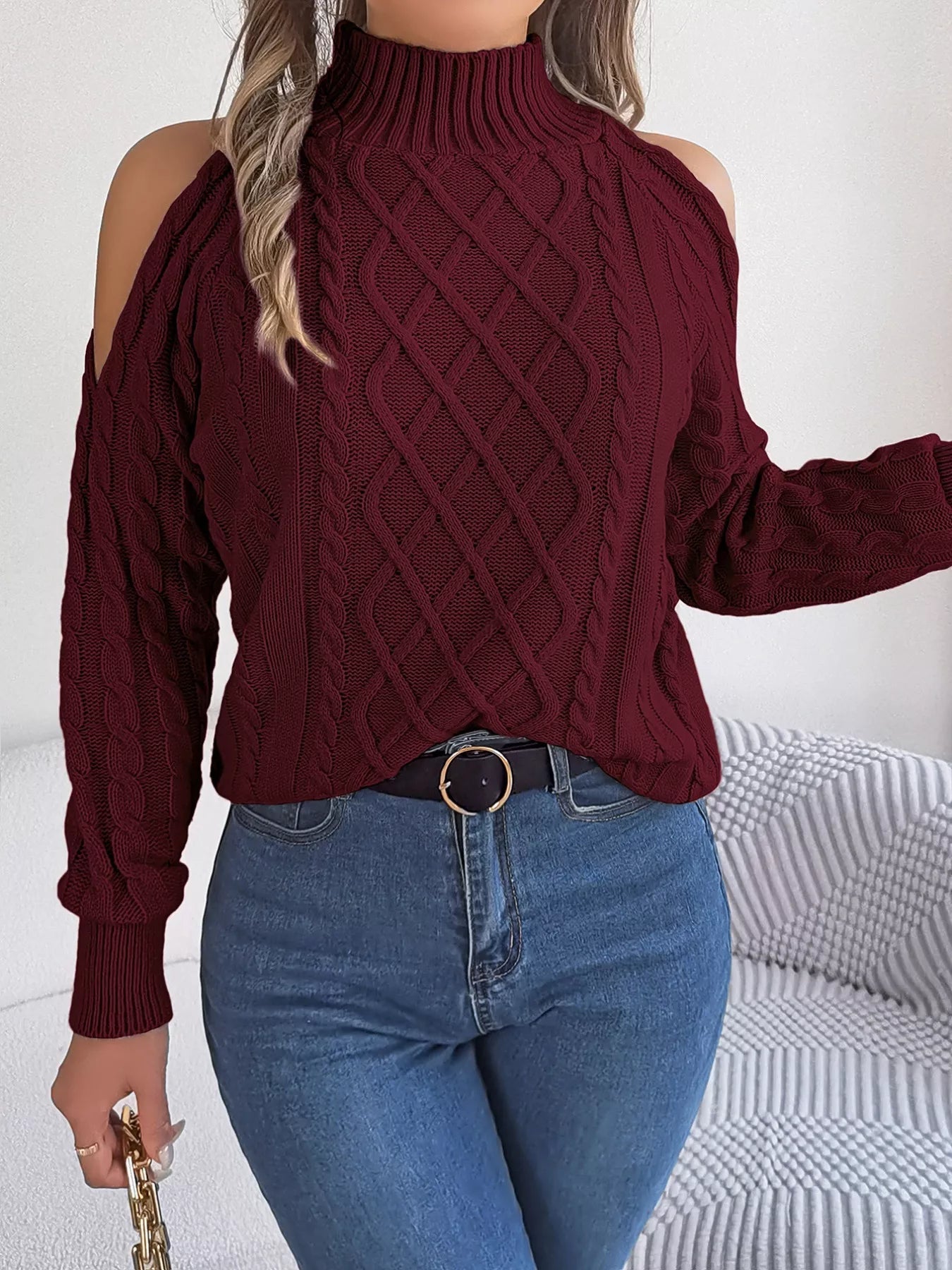 Cable Knit Cold Shoulder Turtleneck Sweater 