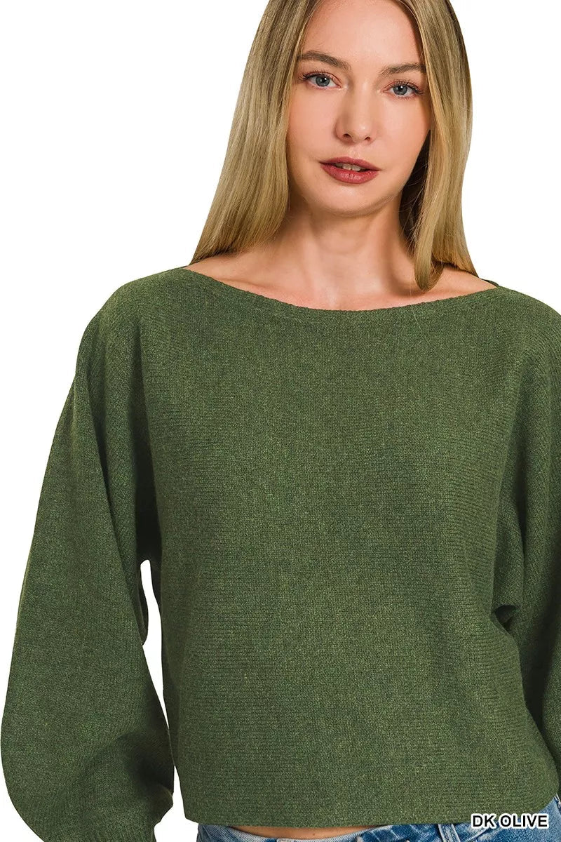 Zenana Boat Neck Balloon Sleeve Sweater 