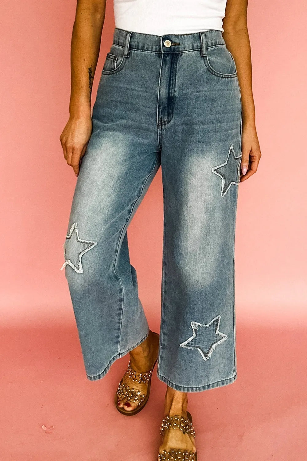 Star Embroidered High Waist Wide Leg Jeans 