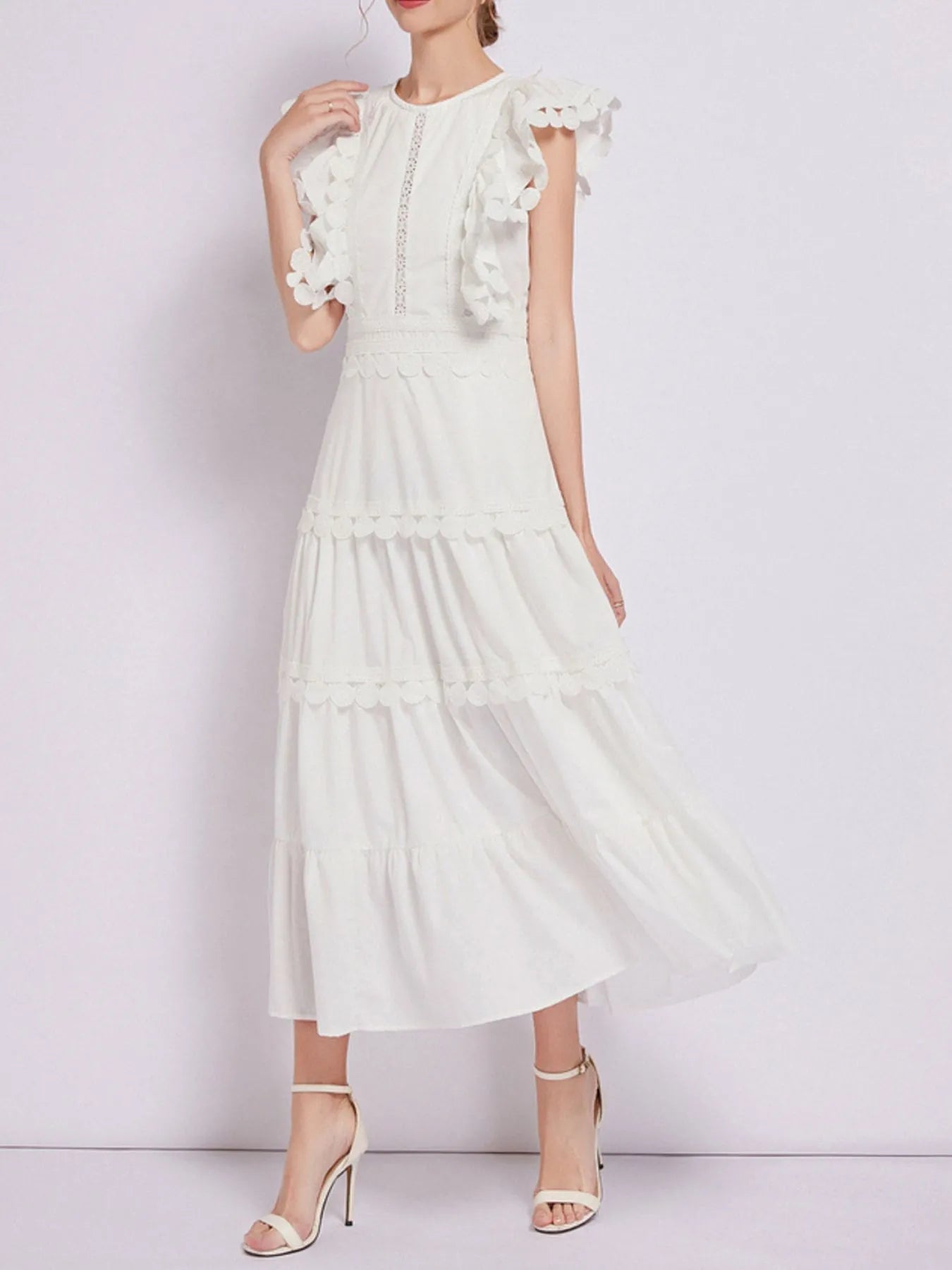 Sleeveless Ruffled Tiered Dress with Embroidered Trim 