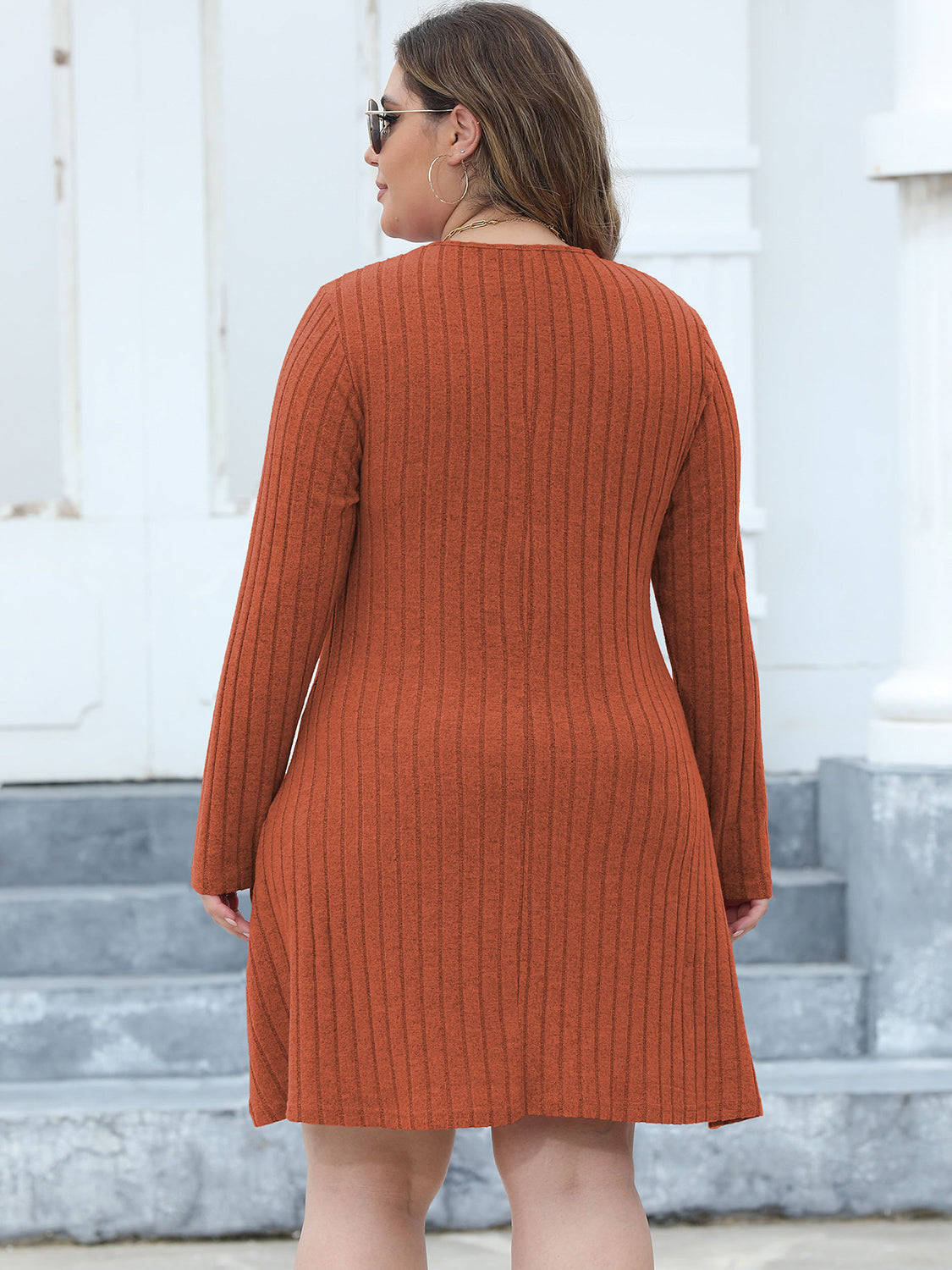 Plus Size Ribbed Buttoned V-Neck Long Sleeve Dress 