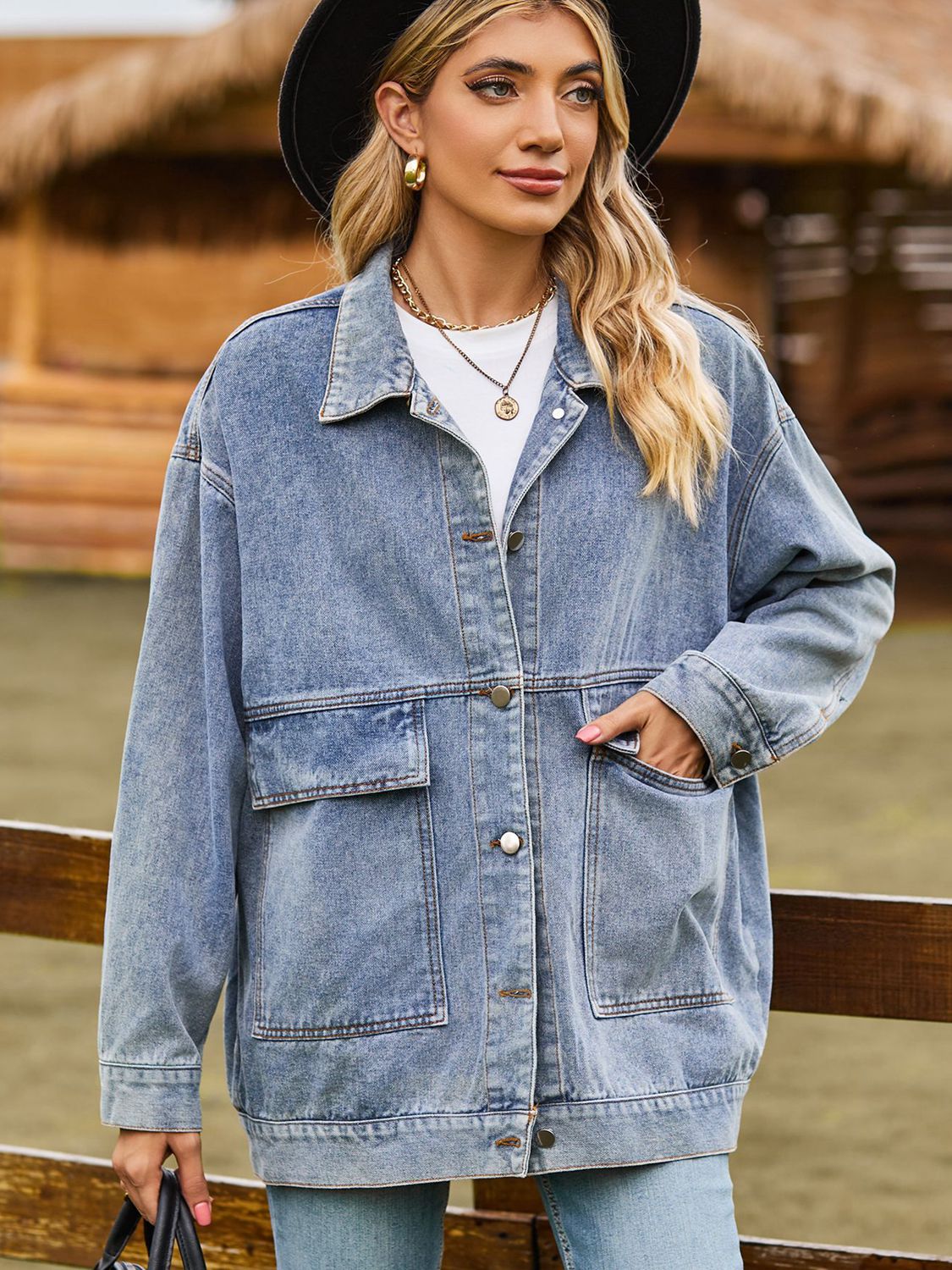 Dropped Shoulder Denim Jacket with Pockets 