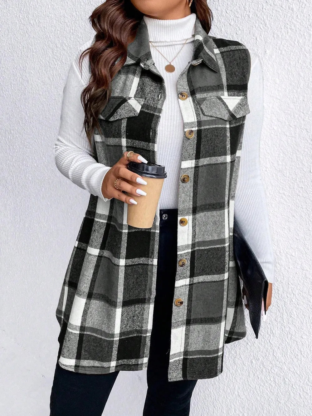 Honey Plus Size Pocketed Plaid Button Up Vest Coat 