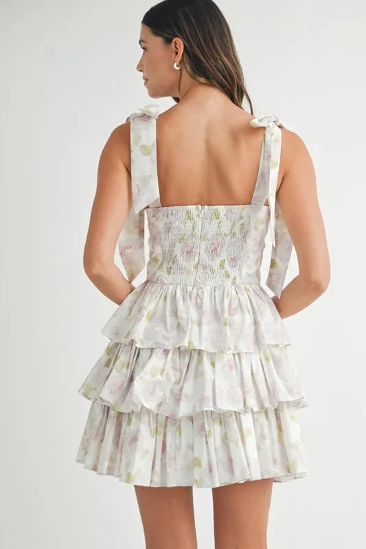 MABLE Floral Print Shoulder Tie Layered Mini Dress 