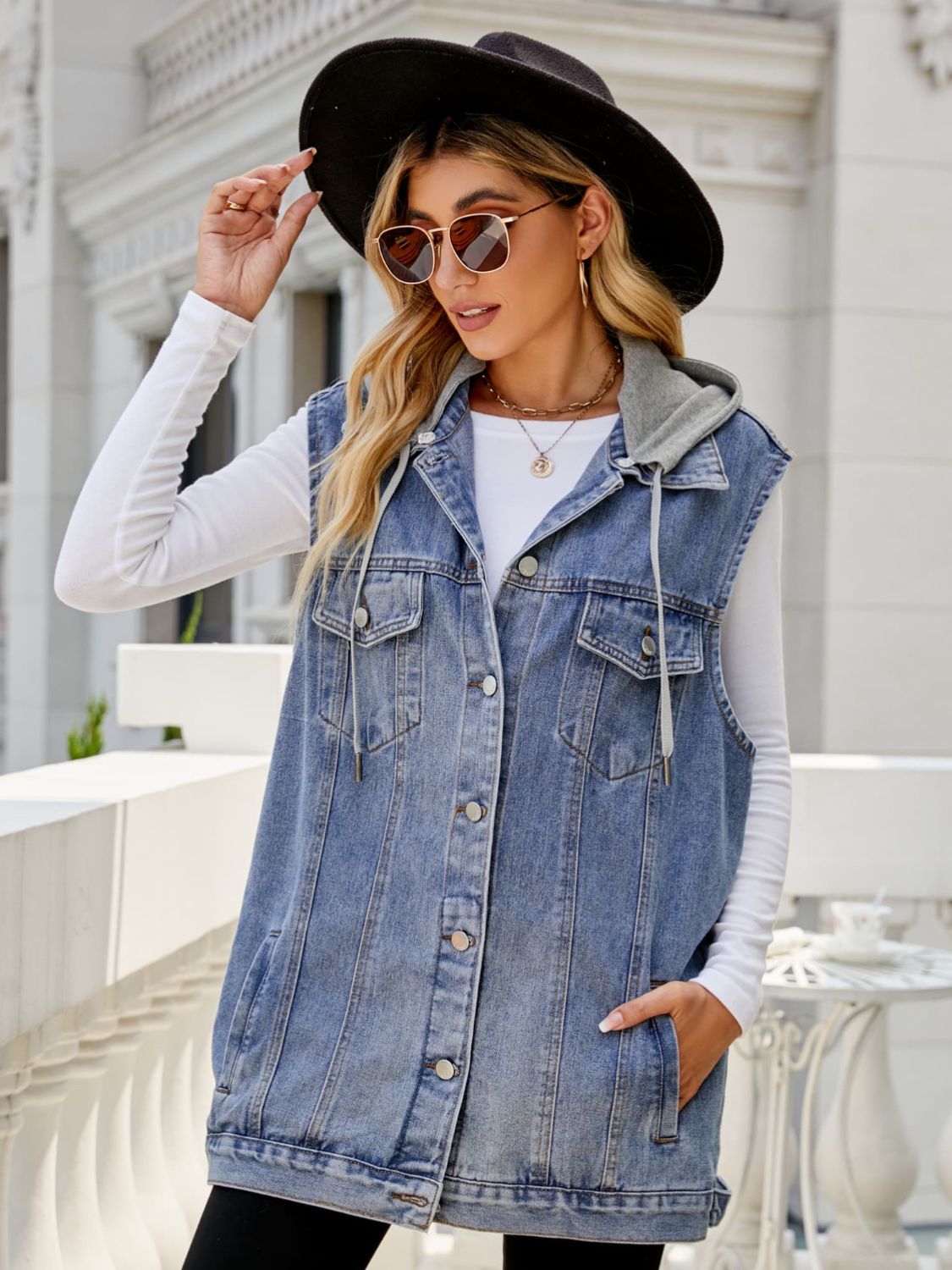 Drawstring Hooded Sleeveless Denim Top with Pockets 
