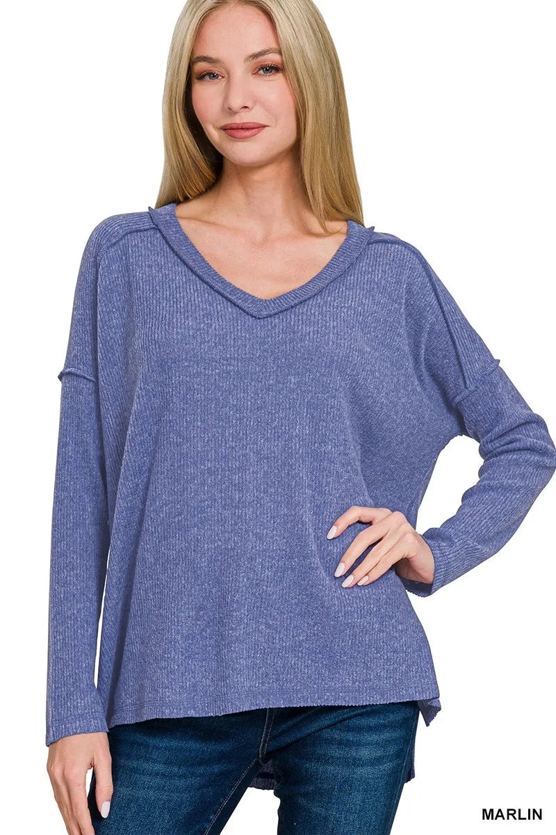 Zenana Full Size Brushed Ribbed Hacci Drop Shoulder V-Neck Sweater Plus Size 