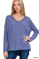 Zenana Full Size Brushed Ribbed Hacci Drop Shoulder V-Neck Sweater Plus Size 