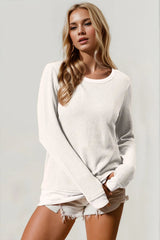 Double Take Corded Rib Thumbhole Cuff Round Neck T-Shirt 