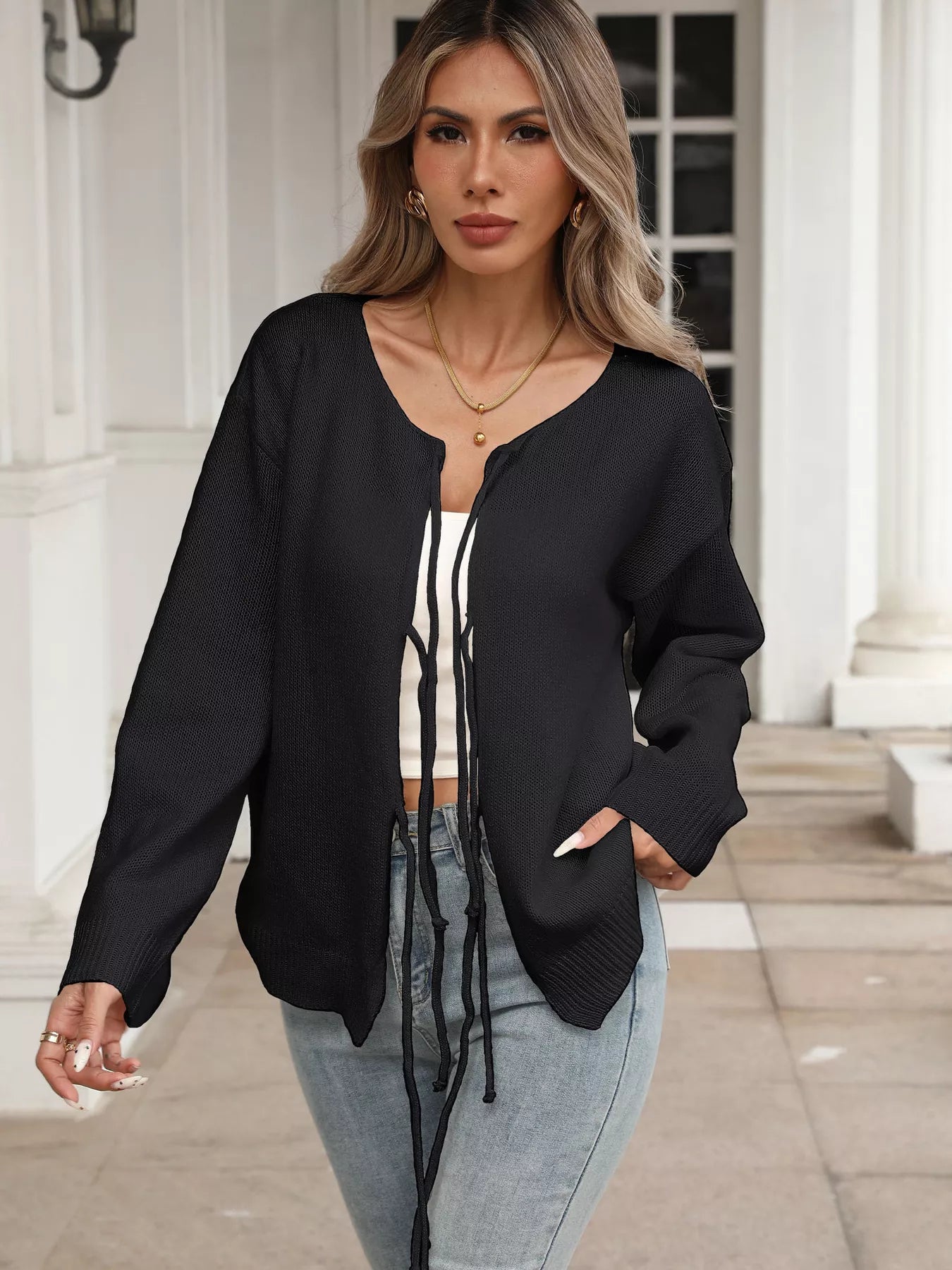 Tie-Front Long Sleeve Cardigan 