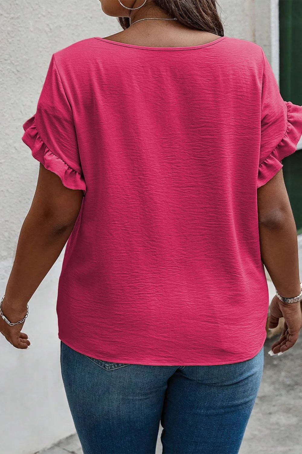Plus Size Ruffled Round Neck Short Sleeve Blouse 