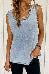Mineral Wash Denim Frayed U Neck Sleeveless Top 