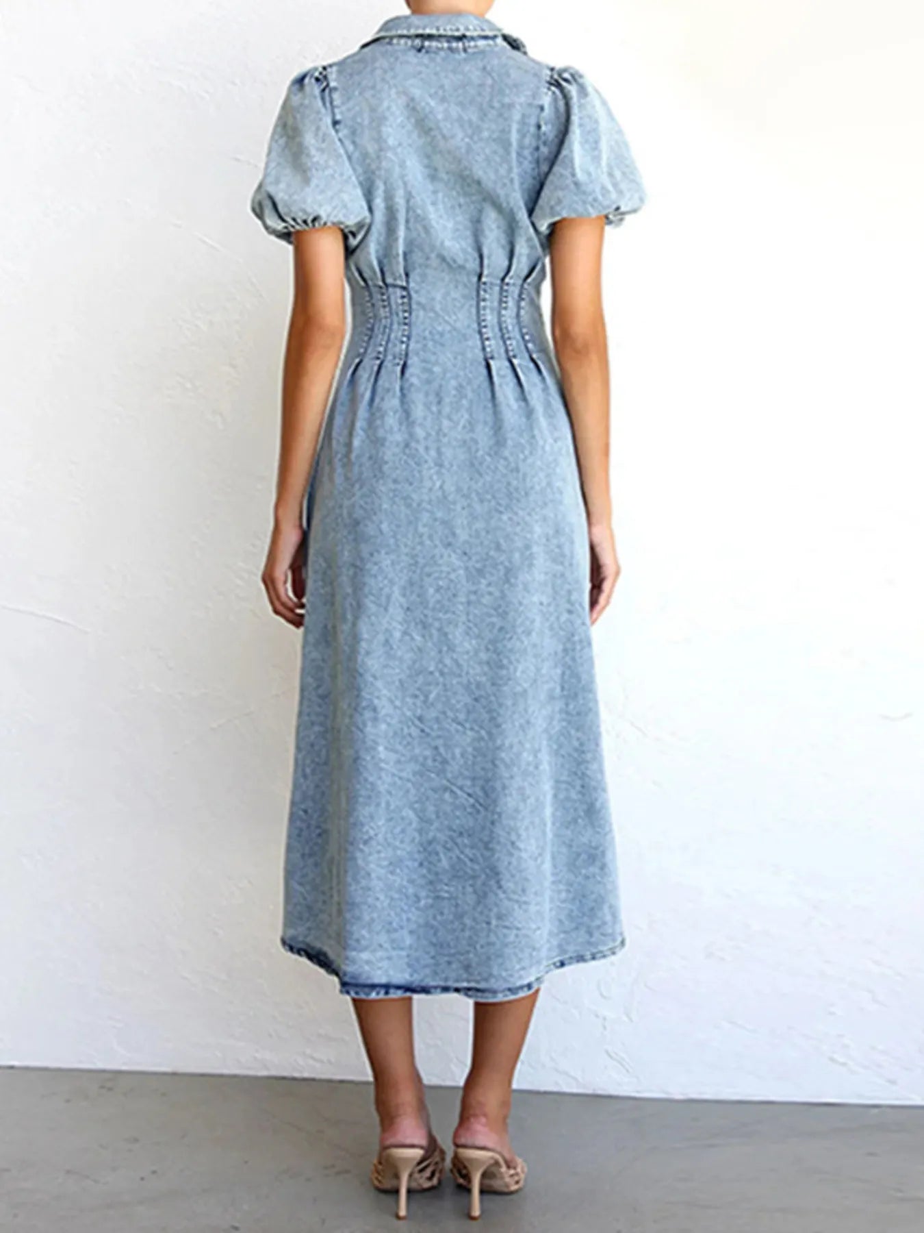 Puff Sleeve Button Front Denim Midi Dress 