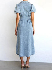 Puff Sleeve Button Front Denim Midi Dress 