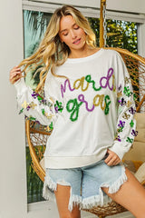 BiBi Fleur De Lis Sleeve Mardi Gras Pullover 