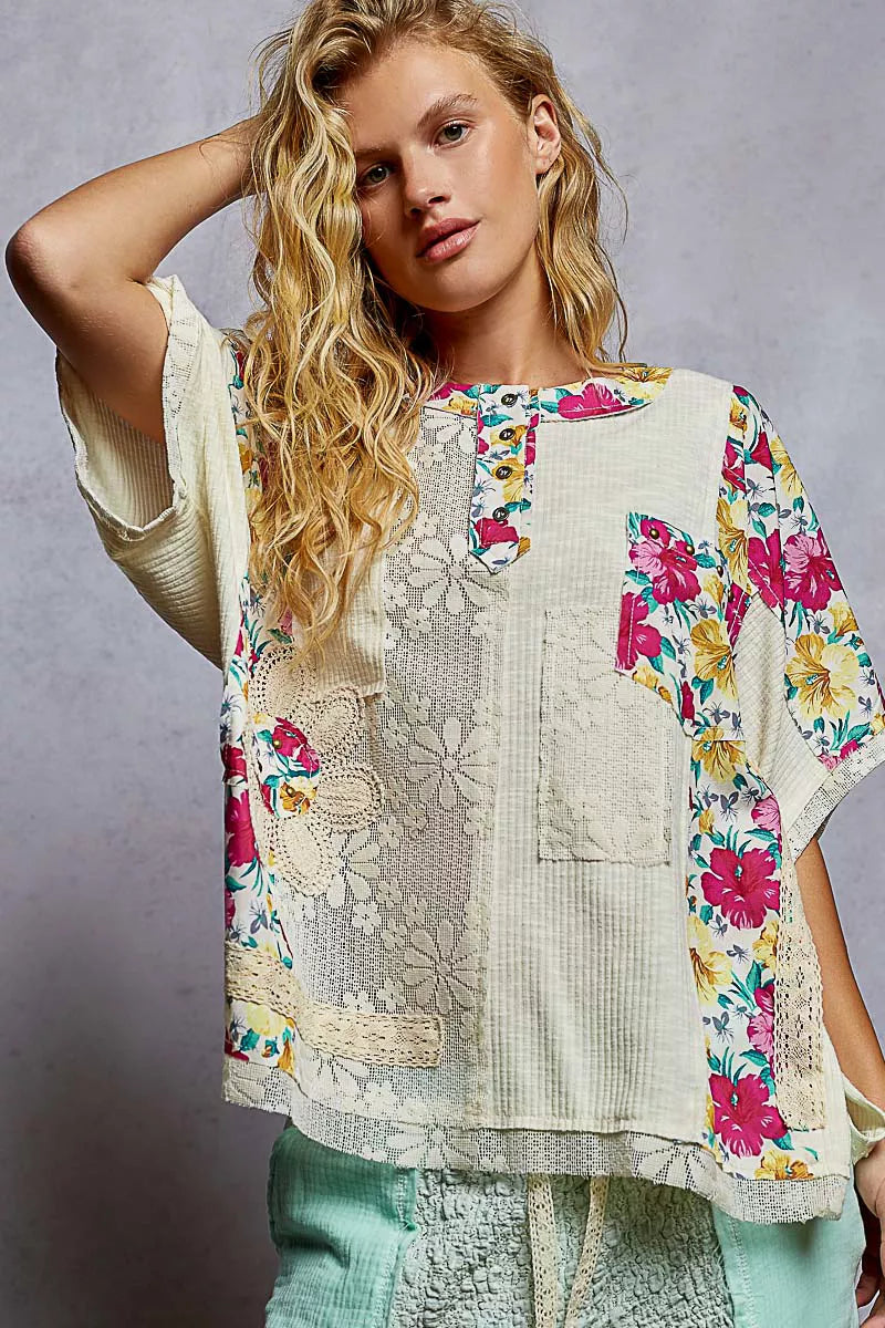 POL Lace Round Neck Short Sleeve Floral Pattern Top with Patch Detail 