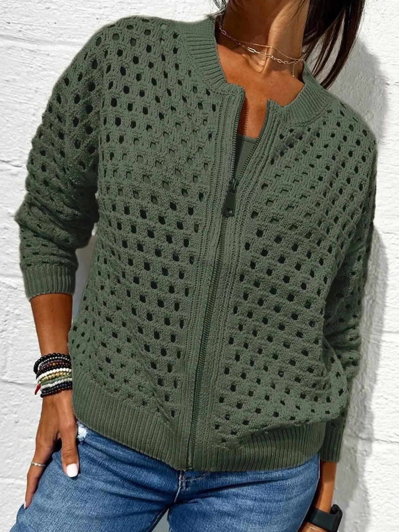 Full Size Zip Up Long Sleeve Cardigan with Eyelet Detail Plus Size 