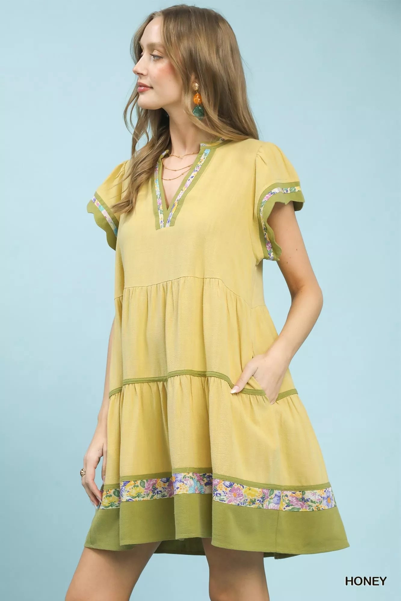 Umgee Linen Tiered Flutter Sleeve Dress with Floral Trim 