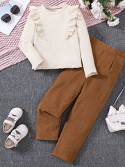 Children's Ruffle Trim Ribbed Top & Corduroy Pants Set 