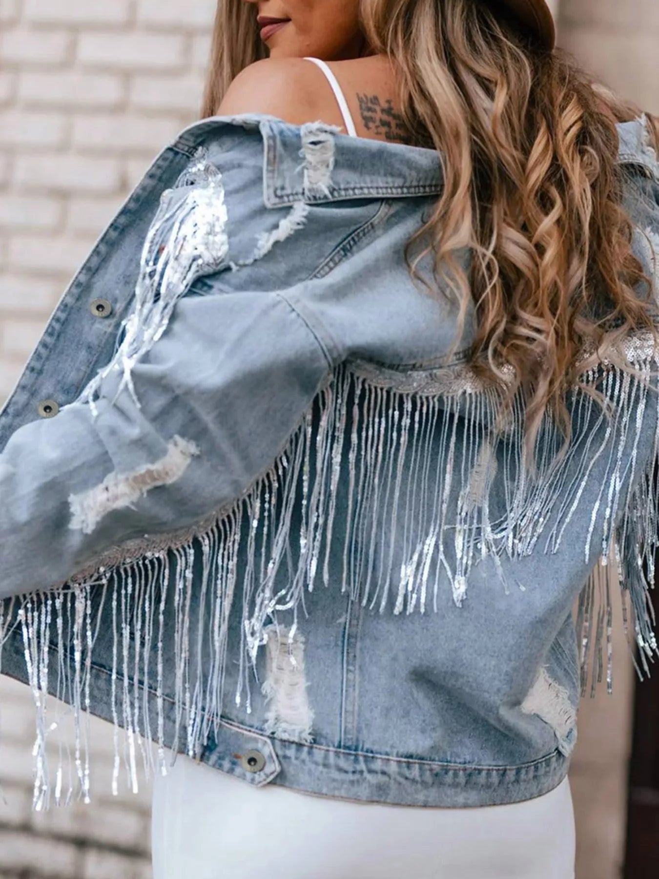 Fringed Sequin Embellished Denim Jacket 